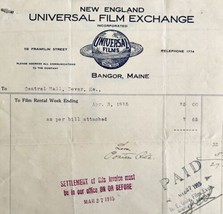 Universal Films Exchange 1915 WW2 Era Invoice Center Theater Maine DWEE3... - $18.00