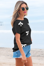 Black Bow Pattern Knit Short Sleeve Sweater - $272.41 MXN
