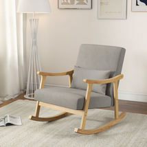 Nursery Rocking Chair Accent Wooden Armrests Gray Upholstered Linen Natu... - £133.87 GBP