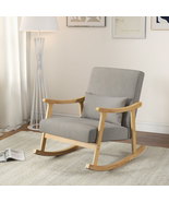 Nursery Rocking Chair Accent Wooden Armrests Gray Upholstered Linen Natu... - £135.19 GBP