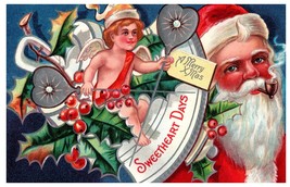 Postcard Embossed Winsch Back Merry Xmas Santa Smokes Pipe Sweetheart Days Cupid - £18.68 GBP