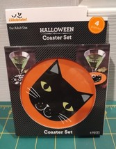 Halloween Drink Coaster Set, Black Cat &amp; Here For The Boos Ghost - New! - £6.29 GBP