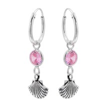 Pink Crystal and Shell Charm 925 Silver Hoop Earrings - £13.28 GBP