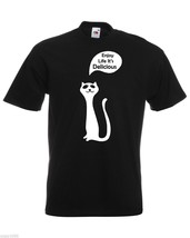 Mens T-Shirt Cute Happy Cat Quote Enjoy Life It&#39;s Delicious, Kitty Tshirt - £19.89 GBP