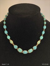 Vintage Signed Monet Teal Beaded Gold Tone Necklace Two Stones Glow - £45.18 GBP