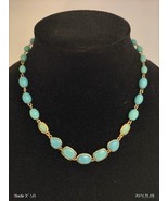 Vintage Signed Monet Teal Beaded Gold Tone Necklace Two Stones Glow - £45.73 GBP