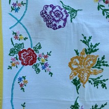 Floral Farmhouse Tablecloth Square Embroidered Cross Stitch Yellow 33x33 in Vtg - £20.80 GBP