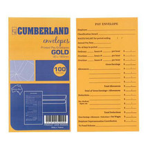 Cumberland Printed Pay Envelopes 100pk 90x165mm (Gold) - $33.86