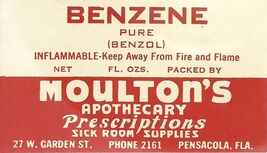 Vintage Pharmacy Label BENZENE PURE BENZOL Moultons Apothecary Pensacola... - $29.41