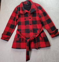 IKE BEHAR Pea Coat Women Size XL Red Buffalo Plaid Double Breasted Button Belted - £19.84 GBP