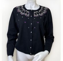 Vintage Pappagallo Sweater Womens XL Petite Black Beaded Crystal Button ... - $22.06