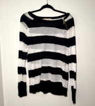 MICHAEL KORS Striped Open Knit Navy White Sweater Gold Shoulder Zipper, ... - $23.47