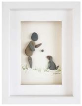 An item in the Art category: Pebble Art & Sea Glass Picture - Framed Handmade Owner and Sitting Dog Wall Deco