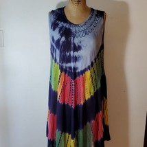 Tie Dye Midi Dress Made in India Embroidered Blue Red Green Yellow Size XL - $31.36