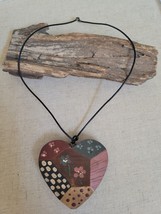 VTG Hand Painted Carved Puffy Heart Pendant Patchwork Design Sterling 925 Clasp - £32.68 GBP