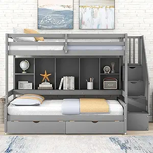 Twin Xl Over Full Bunk Bed, Multi-Function Wood Bunkbed Frame With Built... - £1,184.08 GBP