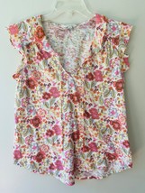 Lucky Brand Sz L Floral Tank Top Flutter Sleeve Boho Blouse V Neck Loose... - $14.61