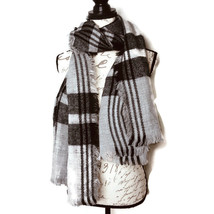 Gray &amp; Black Plaid Blanket Scarf Wrap with Fringe - £6.15 GBP