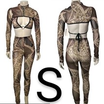 Brown Bohemian Print Mesh Crop Top &amp; Leggings Fashion Set~ Size S - £38.85 GBP