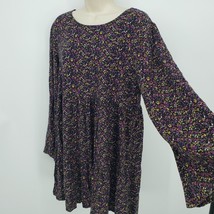 Arizona Long Bell Sleeve Dress Women Size Large Black Purple Floral Shor... - $12.47
