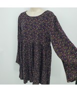 Arizona Long Bell Sleeve Dress Women Size Large Black Purple Floral Shor... - $12.47