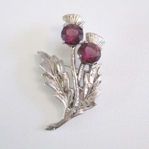 Scotland Silvertone Thistle Brooch Two Stems Purple Crystal Stones Pin Has Flaw - £25.95 GBP