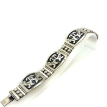 Vintage Sterling Signed Mexico Overlay Tribal Pattern Hinge Link Bracelet 7 3/4 - £203.50 GBP