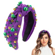 Mardi Gras Headband for Women Purple Green Gold Pearl Rhinestone Jeweled Knotted - £25.71 GBP