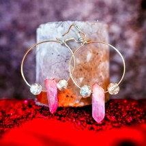 Lovingly handcrafted rose quartz and clear quartz silver hoop earrings f... - $68.31