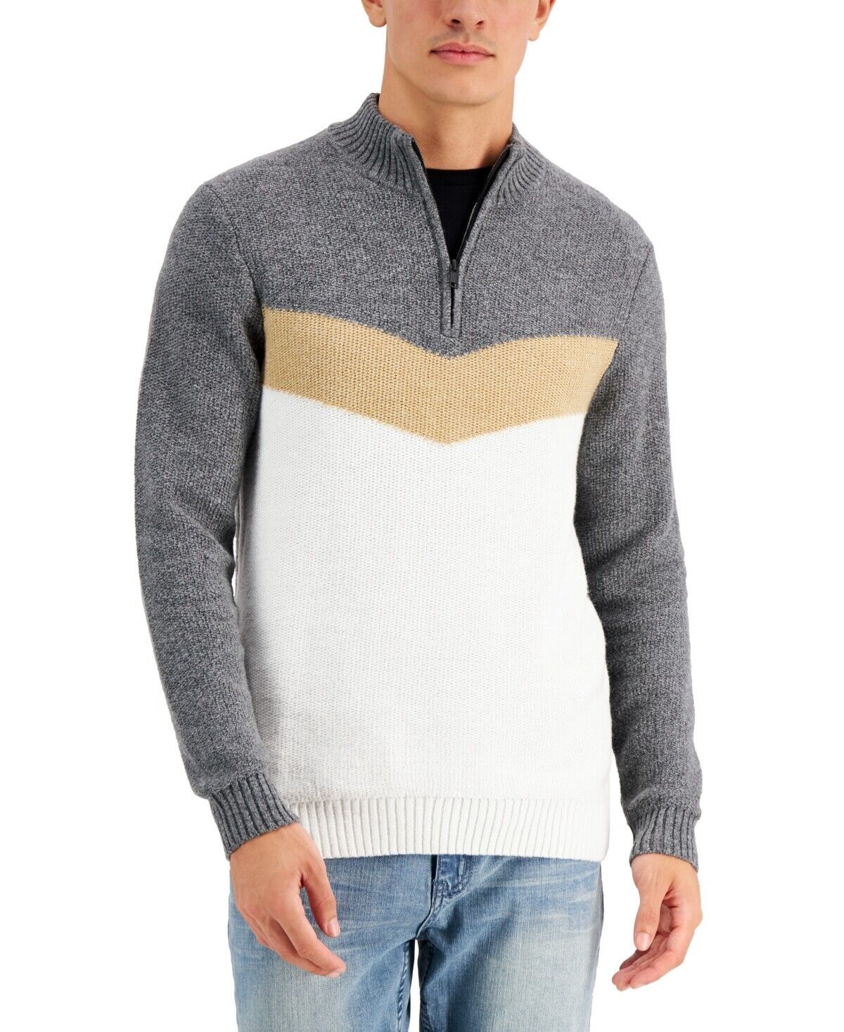 Primary image for Alfani Men's Chevron Quarter-Zip Sweater in Winter Ivory-Size Medium