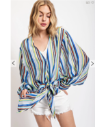 Boho Blue Striped Long Sleeve Tie Front Oversized Women&#39;s Blouse Festival - $19.99