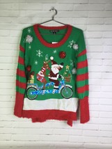 Santa Reindeer Riding Bike Christmas Holiday Ugly Sweater Embellished Wo... - £19.06 GBP