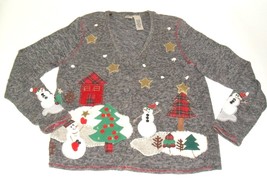 VTG Sweater Shaver Lake Snowman Embellished Cardigan Christmas Holiday S - £15.78 GBP