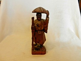 Vintage Carved Wooden Chinese Old Man with Hat, Cane &amp; Knapsack 8.25&quot; Tall - £32.07 GBP