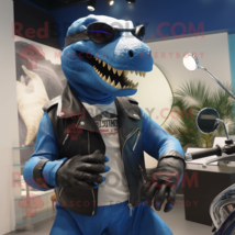 Blue Tyrannosaurus mascot costume character dressed with a Biker Jacket and Sung - $1,279.00