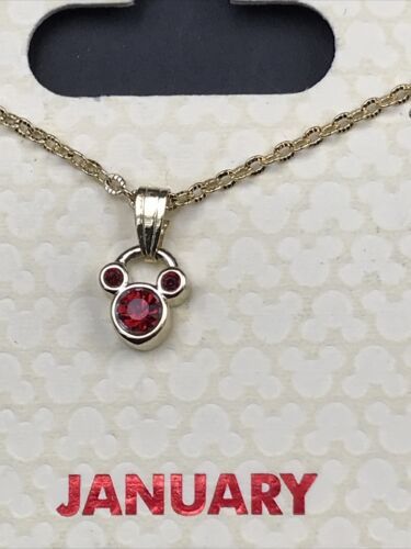 Disney Mickey Icon Ears Red January Garnet Birthstone Necklace w/Gold Tone Chain - £9.58 GBP