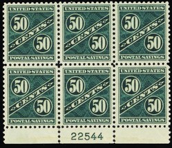 PS9, Mint NH 50¢ Plate Block of Six - Postal Savings CV $1200.00 * Stuar... - £598.76 GBP