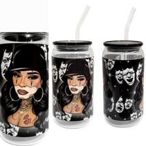 Chicana Clear Glass Tumbler Cup 16 oz UV DTF Black Design Glass Straw - £13.93 GBP