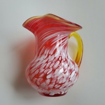 Fenton Style Red Yellow White Spatter Glass Ruffled Crimped Rim Pitcher Vase - $66.49