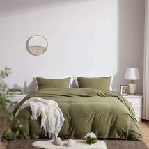Olive Green Washed Queen Size Duvet Cover Set with Buttons Closure Ultra... - £49.34 GBP+