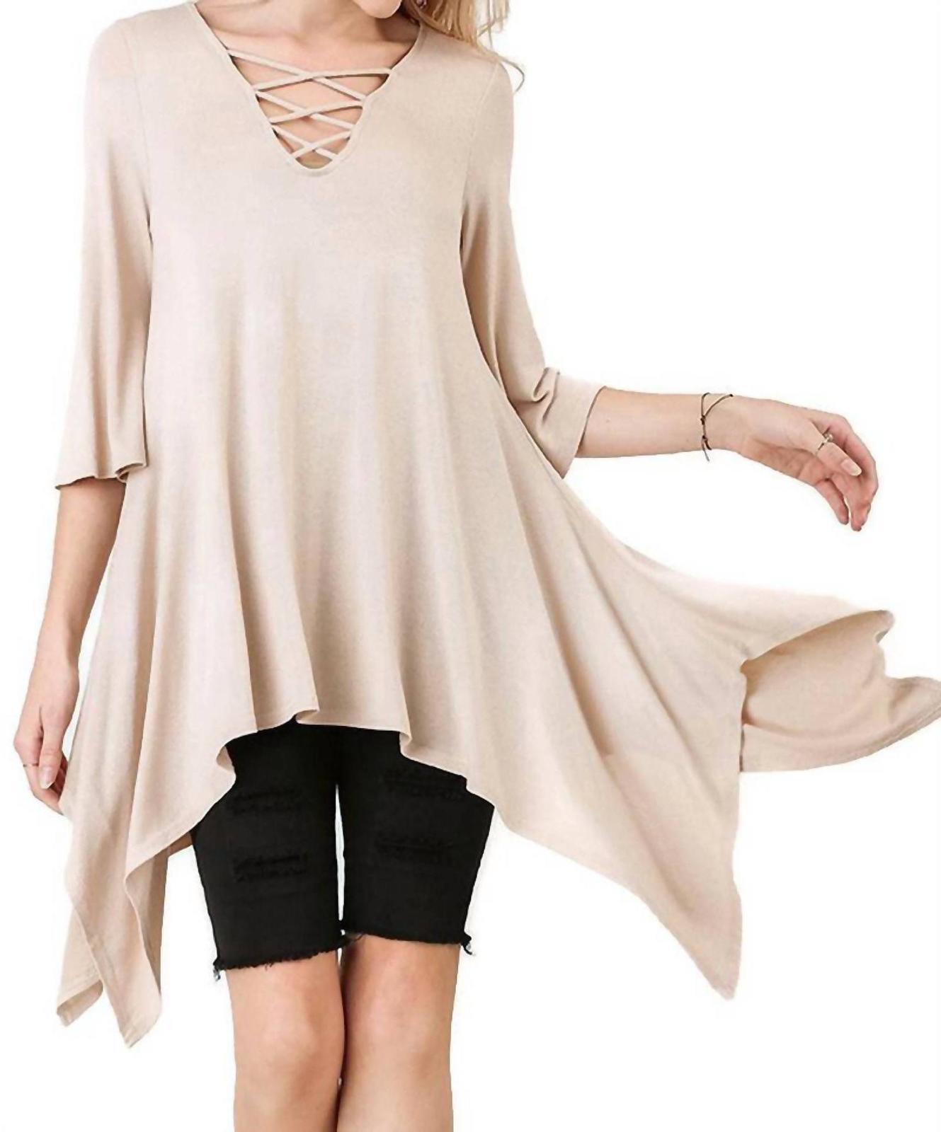 Umgee Crossed Bell Sleeve Asymmetrical Tunic Latte - $37.00