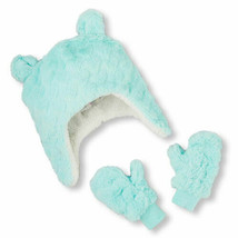 NWT The Children&#39;s Place Girls Blue Faux Fur Bear Hat Mittens 6-12 Months - £5.96 GBP