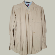 Tommy Hilfiger Button Down Shirt Mens Medium Tan Pockets Logo Embroidered - £10.39 GBP