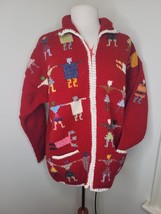 Handmade Wool Sweater Jacket Zip Folk Art Red XL Colorful Ecuador Chunky... - £30.50 GBP