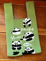 Green Knit with Black &amp; White Panda Bears Eating Yum! Small Tote Handbag – 13 x - £9.02 GBP