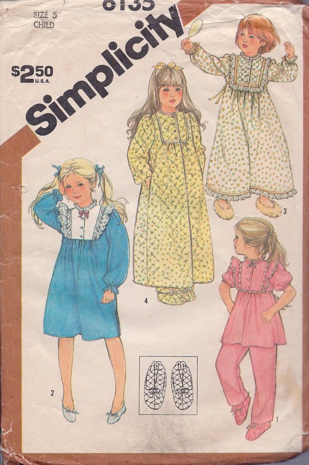 Simplicity 6135 Child's Pajamas, Nightgown in Two Lengths, Robe and Slippers - $2.00