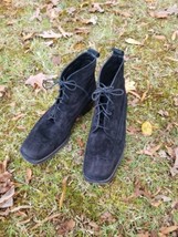 Vintage 90s Joan &amp; David Black Suede square  toe Lace Up Minimalist Ankl... - £46.93 GBP