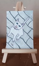 ACEO Original White Cat On Patio Painting Signed Collectible Miniature Art ATC - £2.94 GBP