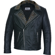 Mens Black Leather Jacket - Studded Spiked Studs Punk Asymmetrical Zip Jacket - £224.50 GBP