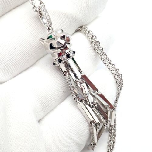 Primary image for Panthere de Cartier Panther 18k White Gold Diamond Emerald Onyx Pendant Necklace